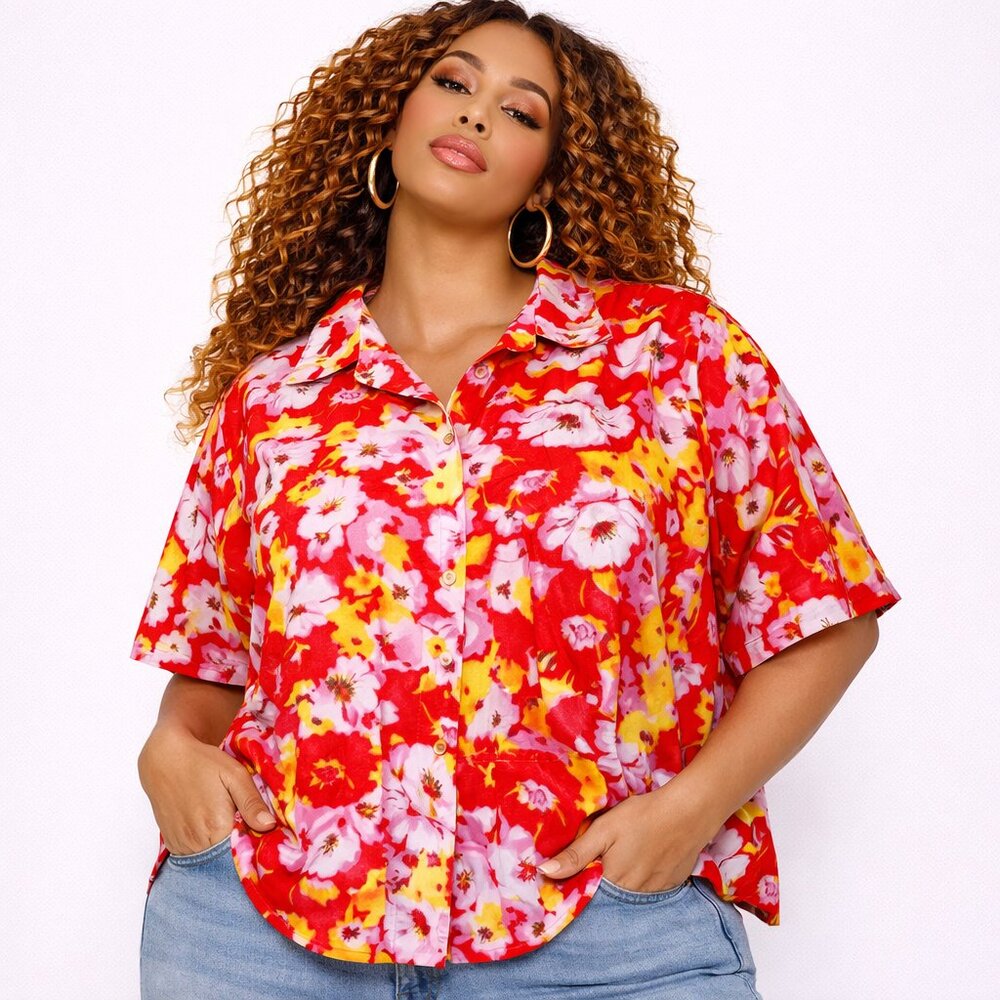 White Stag Floral Button Down Blouse Size 3X Red Pink Yellow Short Sleeve Boho T